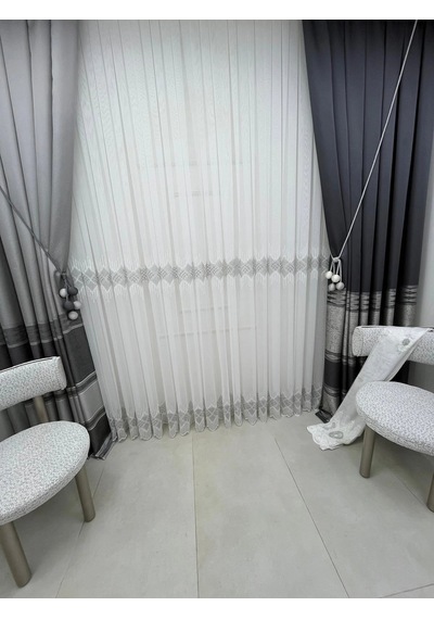 Nivemeshome Elin 2573 V-105 Gümüş Detay 1/3 Pileli Tül Perde Apm Ekru
