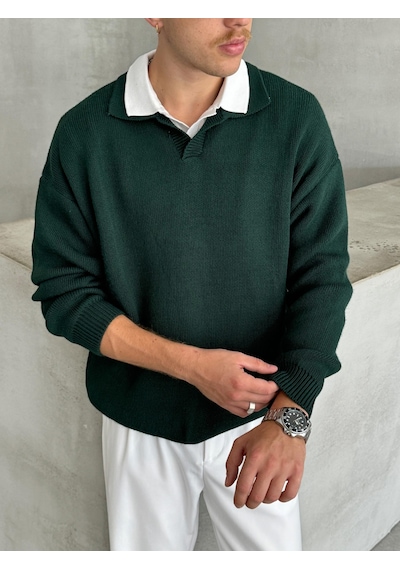 Erkek Polo Yaka Örme Oversize Kazak Koyu Yeşil