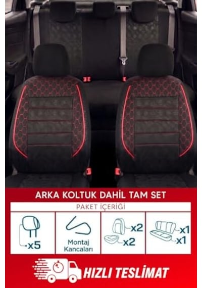 Gof Serisi Universal Oto Koltuk Kılıfı Tam Set Siyah Kırmızı Şeritli
