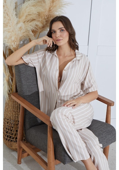 Sevim Kadın Kısa Kol Önden Düğmeli Bej Pijama Takım C6t1n951 001