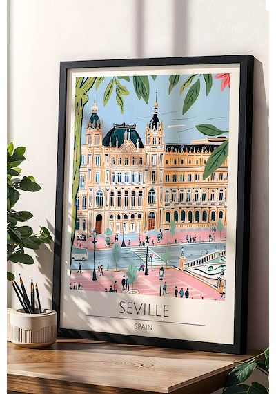İspanya Seville Temalı Çerçeveli Tablo Travel Serisi Modern İllüstrasyon Şehir Duvar Dekoru Siyah