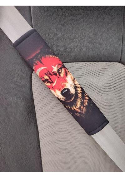 Emniyet Kemeri Kılıfı, Kurt Ve Türk Bayrağı Baskılı, 26 Cm, Yumuşak Voleur Kumaş, 4 Mm Süngerli, 2 Adet