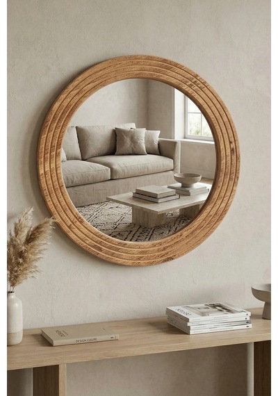 Antik Ahşap Dekoratif Ayna Yuvarlak Banyo Duvar Aynası 56 Cm Naturel