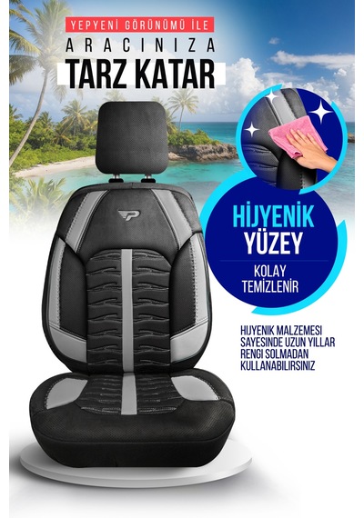 Siyah - Gri Garni Panda Barbados Serisi Alkantra Kumaş Oto Koltuk Kılıfı - Tam Set
