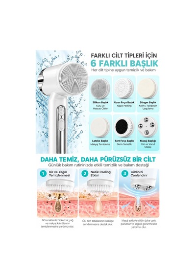 Tr Elektrikli Yüz Temizleme Cihazı, 6 Değiştirilebilir Başlıklı, Beyaz