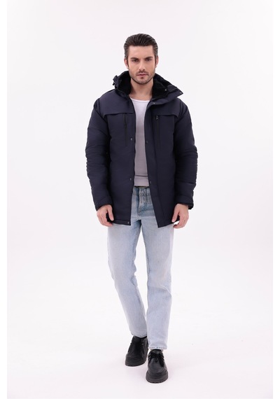 Blayn Jeans Erkek Polarlı Kürklü Su Ve Rüzgar Geçirmez Kapüşonlu Kışlık Mont & Kaban & Parka Lacivert
