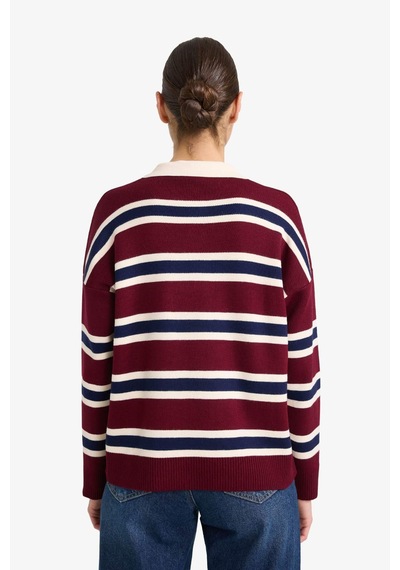 Defacto Oversize Geniş Kalıp Polo Yaka Çizgili Kazak G7178ax25wnbr467 Bordo-br467