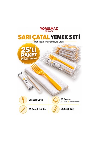 Lüks Sarı Çatal Yemek Seti 25 Kişilik Modern Sunum, 33 33 Garson Katlamalı Peçete, Poşetli Kürdan Ve Stick Tuz