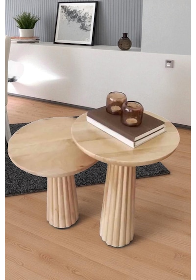 Doğal Ahşap Yan Sehpa Takımı 2 Li Masif Naturel Renk Zigon Sehpa - Wooden Side Table Naturel