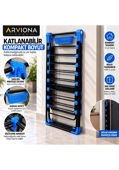 Arvıona Home 170 Cm Kalın Borulu Katlanabilir Metal Çamaşır Kurutmalığı 8 Borulu Mavi