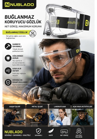 Nublado Buğulanmaz Koruyucu İş Gözlüğü Darbeye Dayanıklı, Şeffaf Lens, Ayarlanabilir Lastikli İş Güvenliği