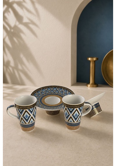 Türk Kahvesi Fincan Takımı İçe Geçmeli Mosaic Mask 2 Kişilik 4 Parça Makinede Yıkanmaz Mavi