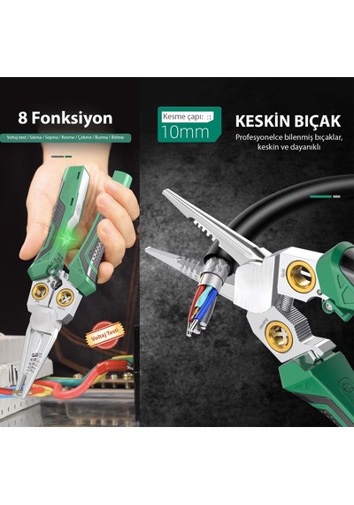 6504 Çok Amaçlı 8 Fonksiyonlu Elektrikçi Kablo Soyma Kesme Pensesi