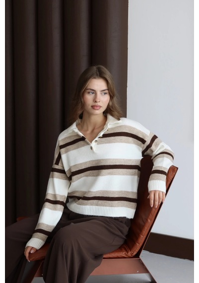 Park Karon Kadın Kemik Oversize Çizgili Polo Yaka Triko Kazak Kemik