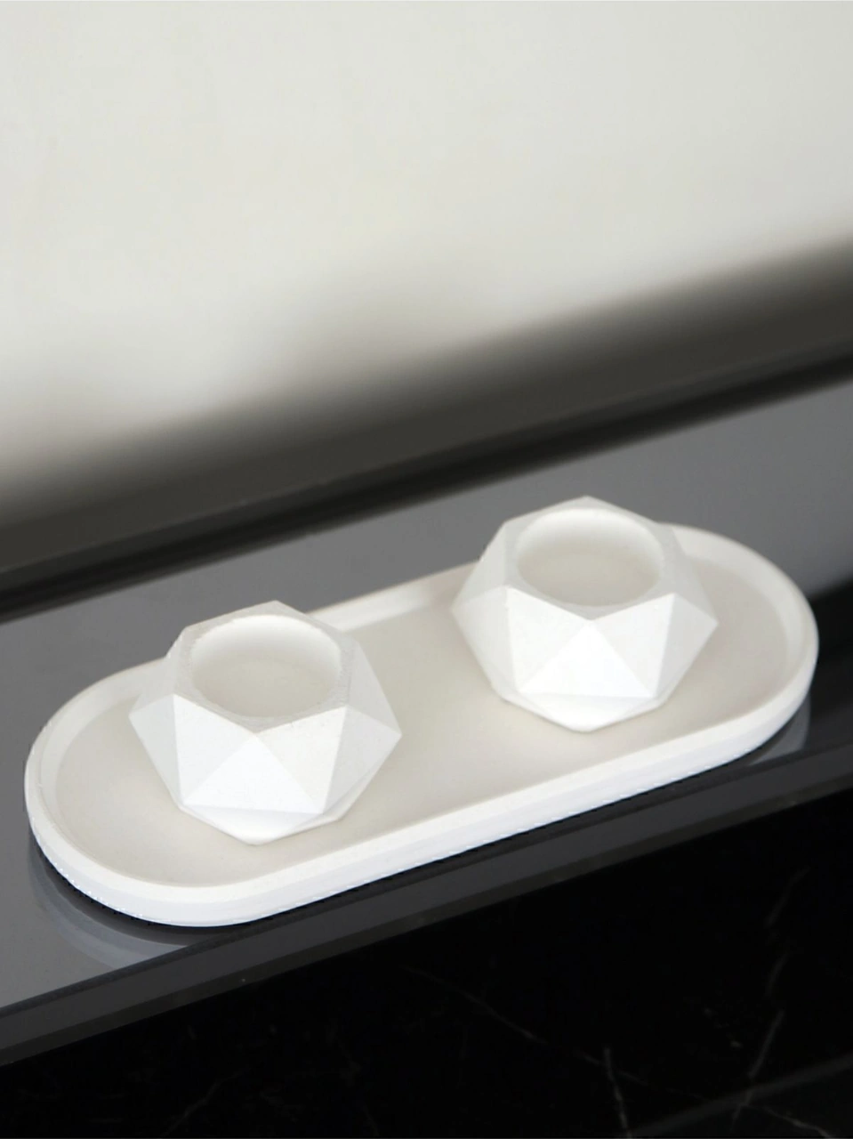 Geometrik Tealight Beton Mumluk, Oval Tabaklı Dekoratif Hediyelik Set Ham Beyaz Beyaz