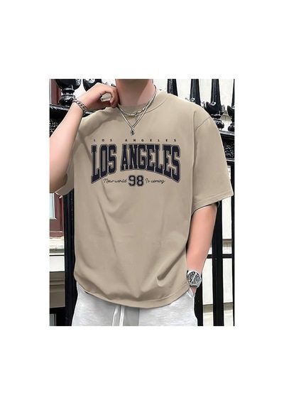 Caddemia Yaz Moda Rahat Gevşek Artı Boyutu Los Angeles 98 Baskılı Spor Yuvarlak Boyun Bej 2XL
