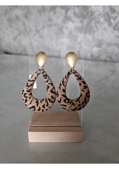 Altın Detaylı Leopar Desenli Damla Küpe Altın
