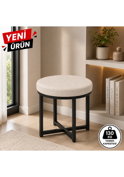Ziro Tekli Puf Takımı Tabure Bench Makyaj Sandalyesi Siyah Ayak Krem