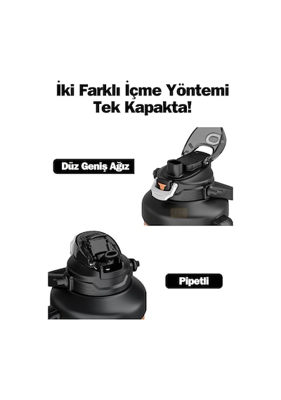 Tkk Mega Boy 1650ml Pipetli/pipetsiz Kullanım Askılı Paslanmaz Çelik Termos Matara Siyah Çok Renkli