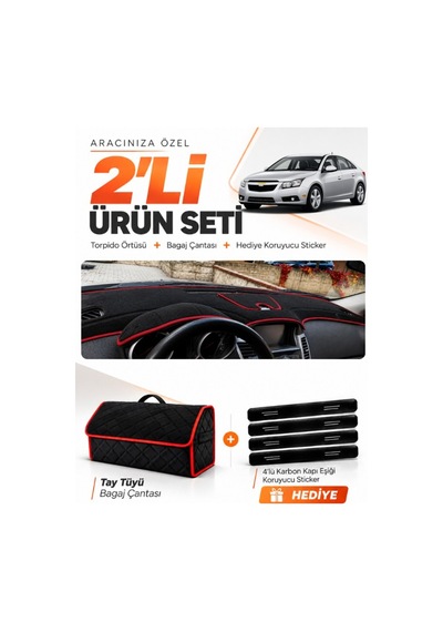 E-biz Chevrolet Cruze J300 Makyajsız 2008-2011 Torpido + Tay Tüyü Çanta - Siyah-kırmızı - Ch006