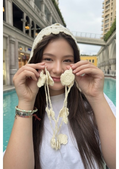 Mollycrush Krem Çiçek Motifli Örgü Hair Band Bağcıklı Yazlık Kadın Başlık Krem