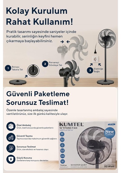 Kumtel Ktf-760 Siyah 16 İnç Ayaklı Vantilatör
