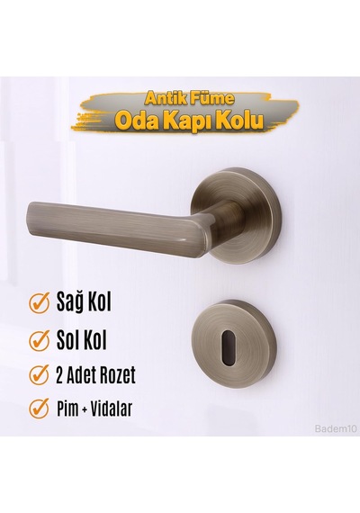 Antik Füme Oda Tipi Kapı Kolu Rozetli Sağ Sol Uygun Modern İç Kapı Kilitli 1 Takım Genel
