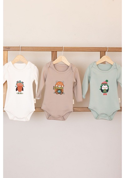 Mom Cherie 3'lü Winter Baskılı Uzun Kollu Bebek Zıbın Seti %100 Pamuk Çıtçıtlı Body Çok Renkli