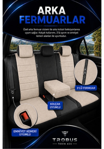 Skoda Rapid 2012+ Uyumlu Nova Serisi Bej Siyah Oto Koltuk Kılıfı