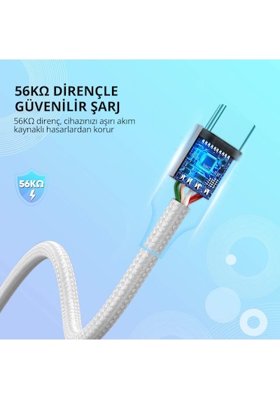Ugreen 60133 USB-C to USB-A 3A QC Örgülü Hızlı Şarj Kablosu 2 Metre Gümüş Beyazı