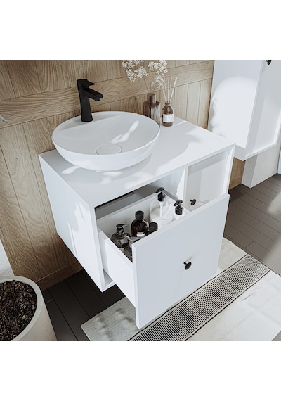 Lavabolu Mat Mdf 75 Cm Çekmeceli Dolabı + Aynalı Dolabı Beyaz Mat Beyaz
