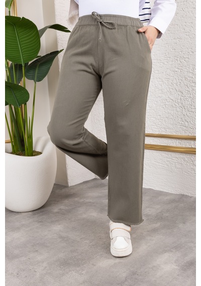 Nevayla Moda Beli Lastikli Keten Pantolon - Haki / A0104 Haki
