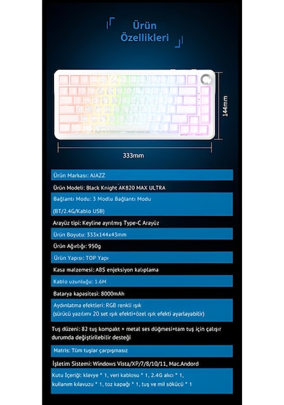 Ak820 Max Ultra 3 Modlu Manyetik Switch Klavye-8+8k Tepkime Süresi-128 K Tarama Hızı Web Driver