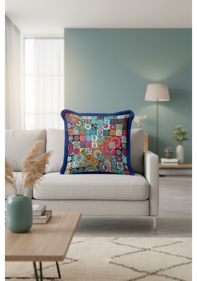 Canlı Boho Mozaik Saçaklı Yastık Kılıfı - Renkli Eklektik Mavi Sarı Püsküllü Kırlent Kılıfı Tozlu Dumanlı Lacivert Canlı Boho Mozaik Saçaklı Yastık Kılıfı - Renkli Eklektik Mavi Sarı Püsküllü Kırlent Kılıfı Tozlu Dumanlı Lacivert