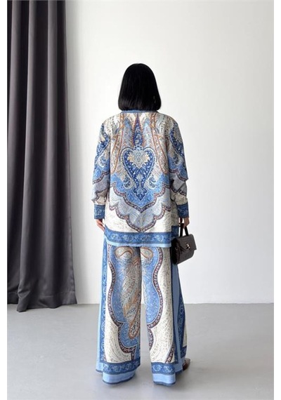 Neşeli Butik Kadın Mavi İthal Kumaş Desenli Gömlek Pantolon İkili Tasarım Takım Nbms26107