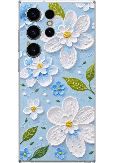 Samsung Galaxy S23 Ultra Uyumlu Mavi Papatyalar Baskılı Silikon Kılıf Renkli