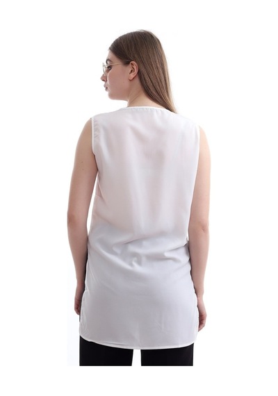 Self Clothing Kadın Beyaz V Yaka Cep Ve Yırtmaç Detaylı Bluz Slf1246-Beyaz