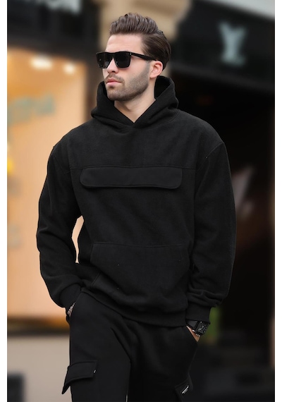 Madmext Siyah Kapüşonlu Kapaklı Cep Detaylı Polar Erkek Sweatshirt 7097 Siyah