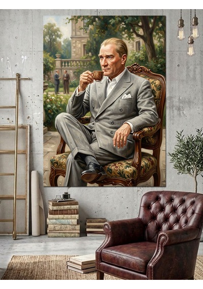 Bahçede Çay İçen Atatürk Dekoratif Kanvas - Mdf Ahşap Tablo