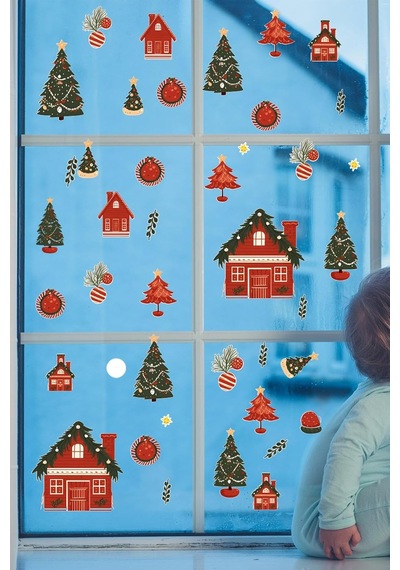 Christmas Stickerları, Noel Baba Ve Yılbaşı Temalı Çocuk Odası Dekorasyon Seti, Kendinden Yapışkanlı Cam Süsl Genel