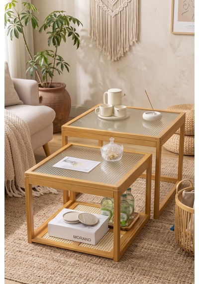Robin Home Modern Doğal Bambu 2'li Kare Orta Sehpa Seti Temperli Camlı Ve Yapay Rattan Alt Raflı Zigon Bej Robin Home Modern Doğal Bambu 2'li Kare Orta Sehpa Seti Temperli Camlı Ve Yapay Rattan Alt Raflı Zigon Bej