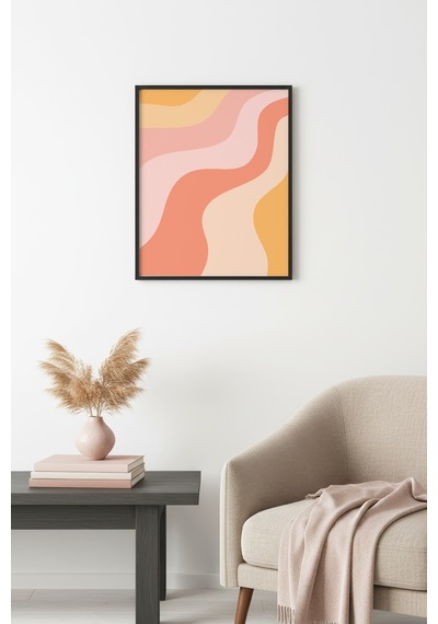 Doğal Ahşap Çerçeveli Soyut Dalga Desenli Tablo - Pastel Tonlar Huhu2756