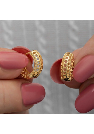 Gümüş Gold Petek Desenli Halka Kadın Küpe Gold