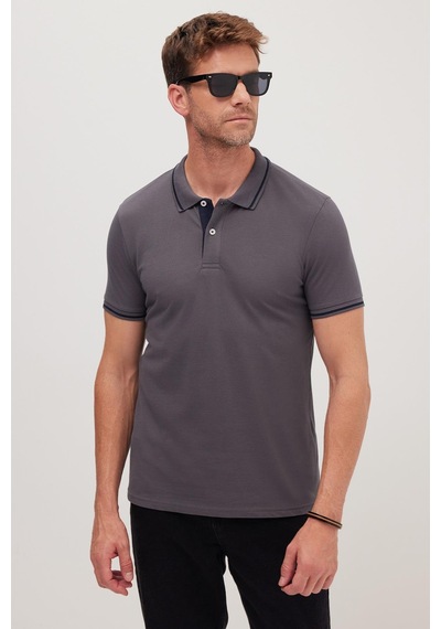 Tudors Erkek Slim Fit Dar Kesim %100 Pamuk Yumuşak Dokulu Serin Tutan Kumaş Düz Pike Füme Polo Yaka Tişört-42248 Füme
