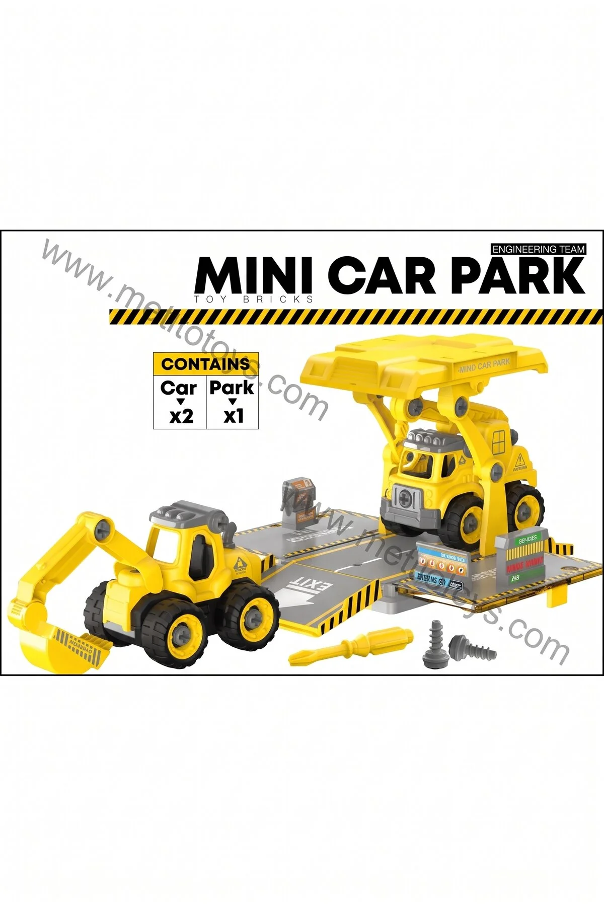 Metito Toys Sök-tak Otopark Seti, 70+ Parça, 2 Araç + 1 Otopark, Kancalı İş Makinesi Ve Vinçli, 3+ Yaş Hardal Sarısı