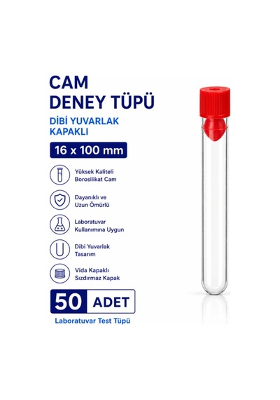 16x100 Mm Cam Deney Tüpü Dibi Yuvarlak Kapaklı 50 Adet Laboratuvar Test Tüpü