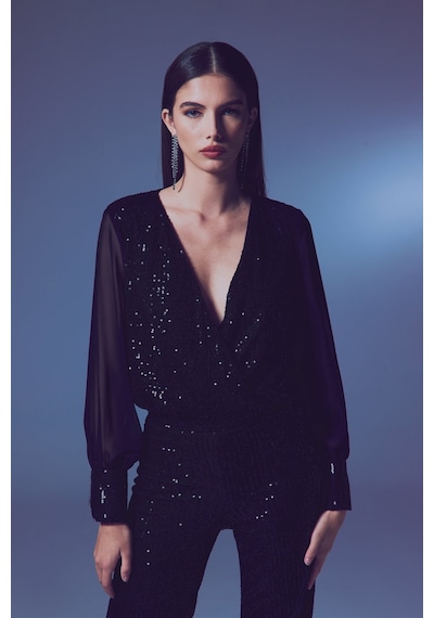 Sateen Şifon Kol Bodysuit Bluz - Siyah-135571 Siyah