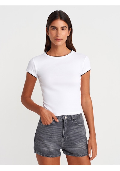 Dilvin 31750 Kontrast Kısa Kollu Tshirt-beyaz Beyaz