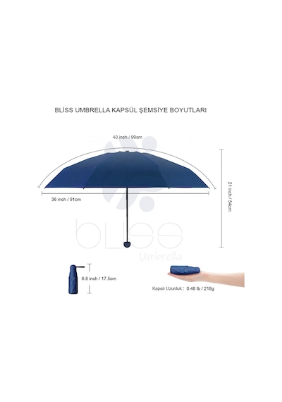 Bliss Umbrella 8 Telli Kapsül Şemsiye Lacivert