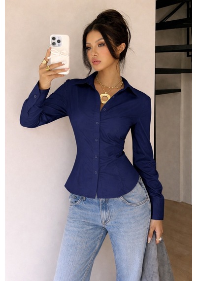 Kadın Premium Gömlek Slim Fit Uzun Kollu Şık Ofis Günlük Kombin Basic Klasik Gömlek Lacivert